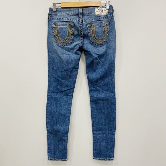 TRUE RELIGION 26 NWOT Wmns Skinny Gold Arrow Med Wash Low Rise Embroidered Jeans - Picture 1 of 16